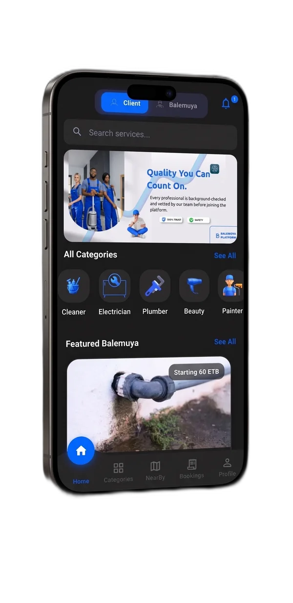 Balemuya mobile app interface - Dark Mode
